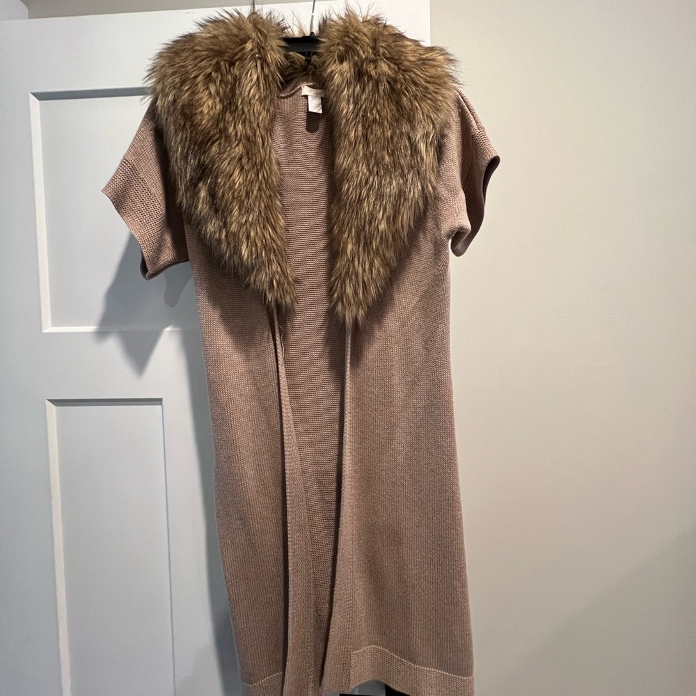 Chico’s Size 0, faux fur collared, long cardigan